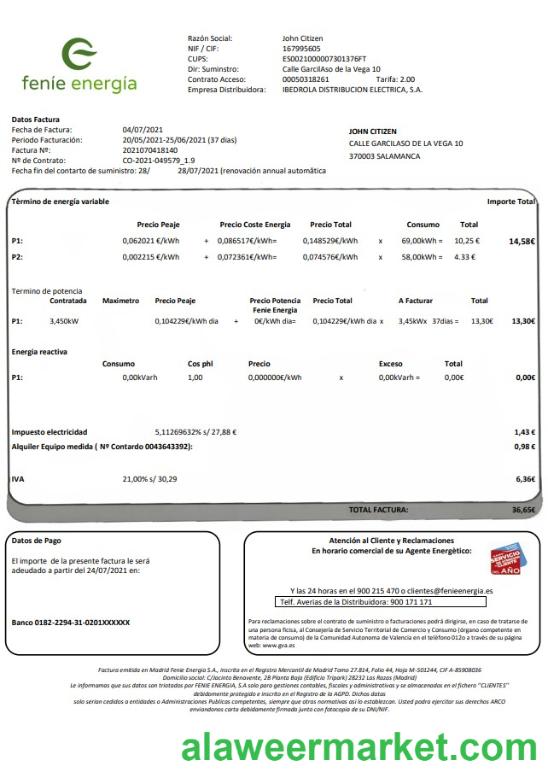 Spain Fenie Energia utility bill template in Word and PDF format